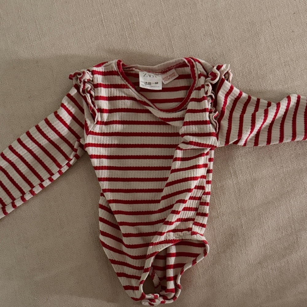 Zara Kids Red Striped Ruffle Shoulder Onesie